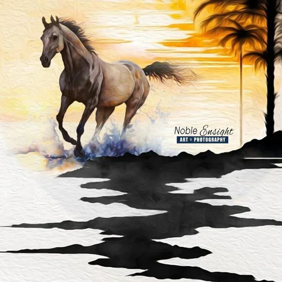 8x8 Horse Galloping On The Beach Rising Sun Watercolor Oil Painting Print - Picture 6 of 6